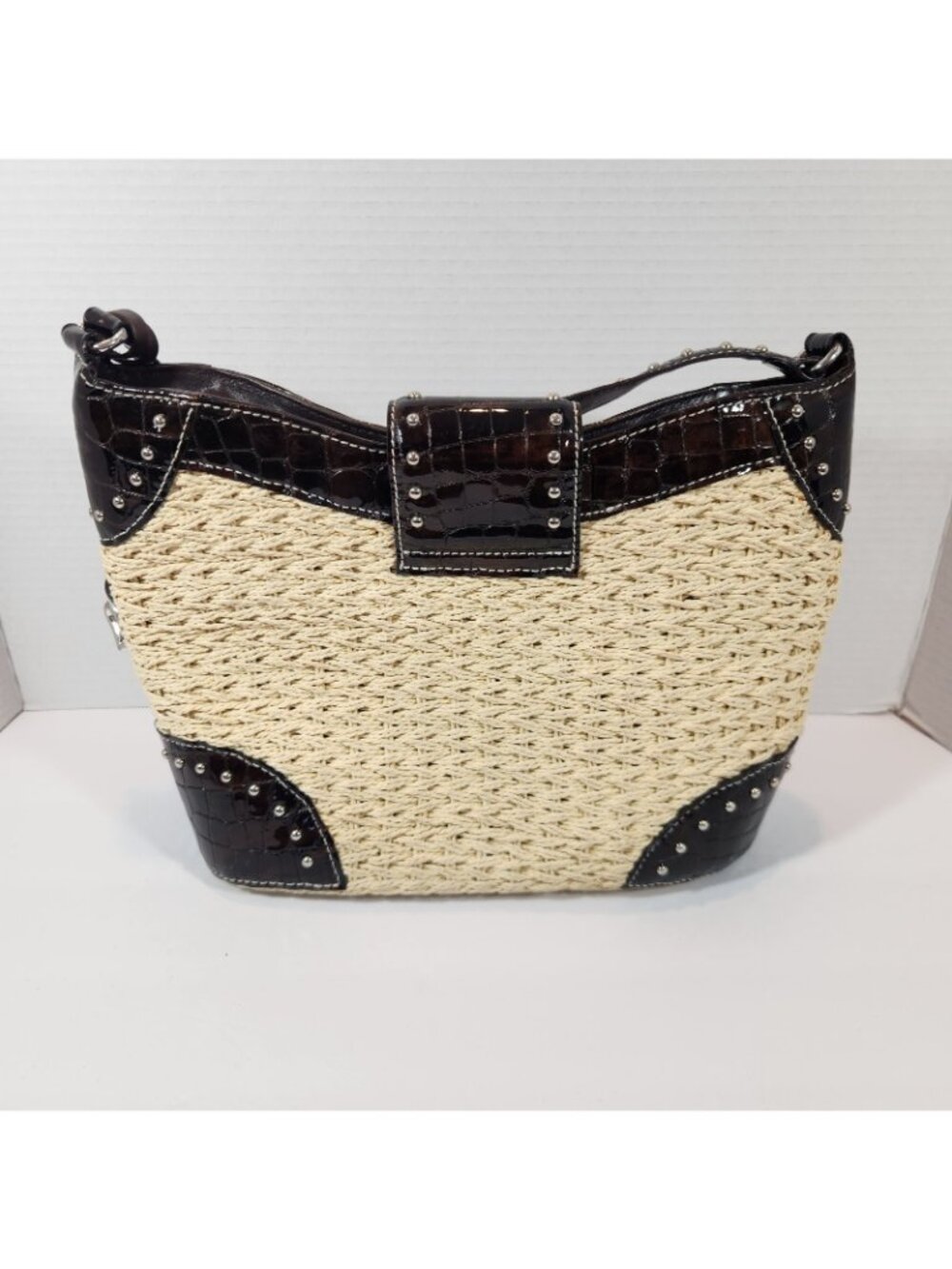 Brighton Woven Tan Straw Studded Brown Leather Handbag Purse Bag DEFECT STRAP - Picture 5 of 16